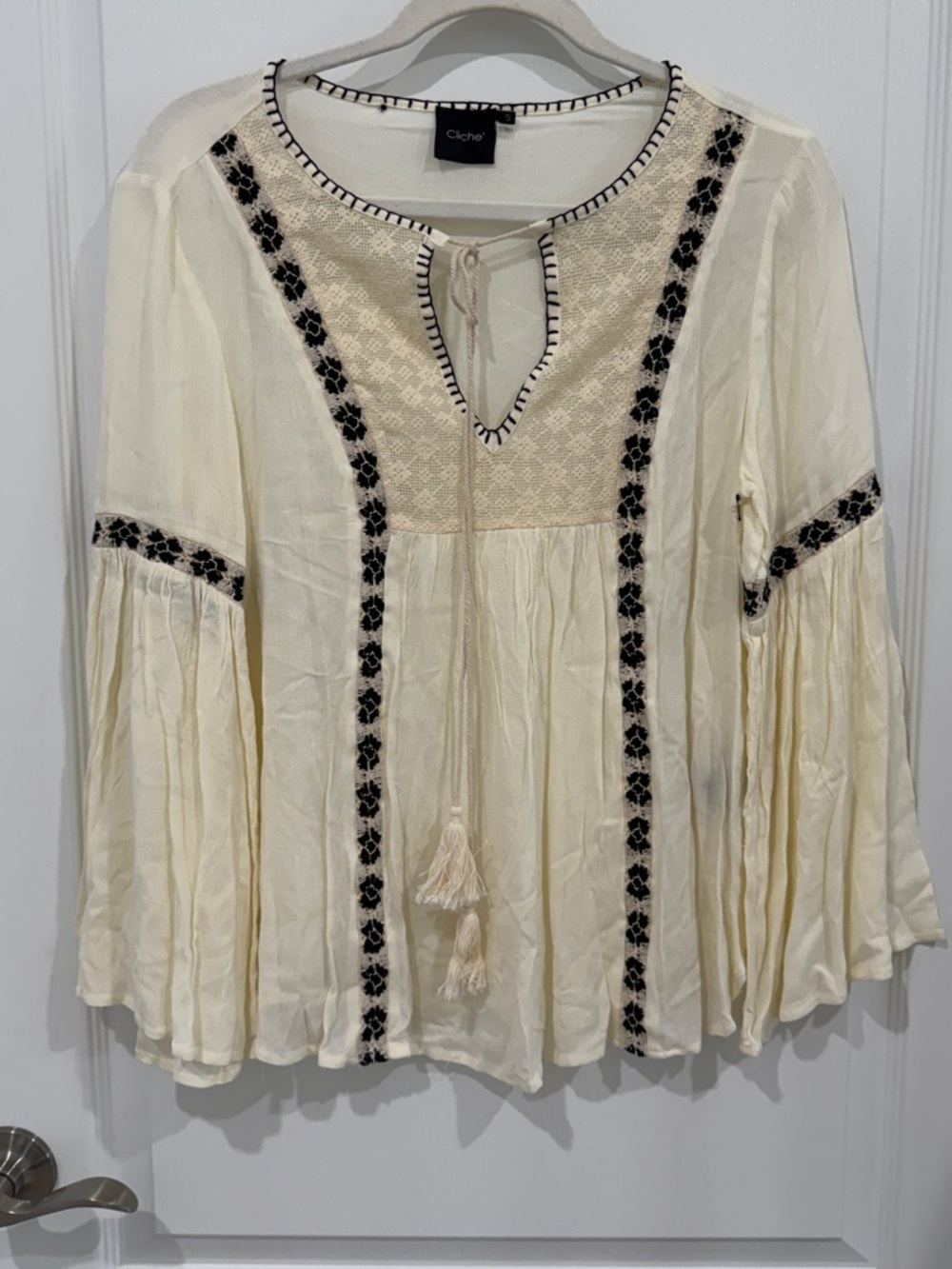 Cliche cream blouse boho design embroidered , bell sleeves, keyhole neckline S